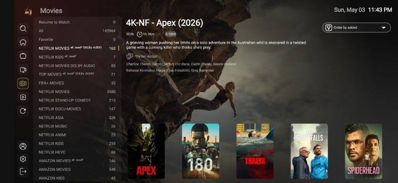 TiviMate Premium 8K player showing Movies VOD library and categories
